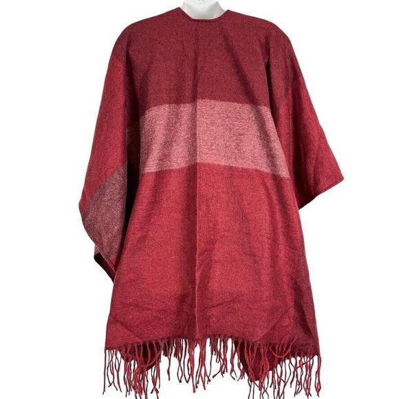 Woolrich Womens Red Fringe Poncho Cape Wide Stripe Open Jacket Cardigan O/S - Picture 14 of 16